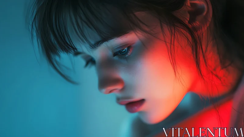 Youthful profile portrait under teal and red rim light.