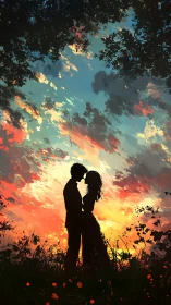 Couple Silhouette at Sunset with Dramatic Sky.
