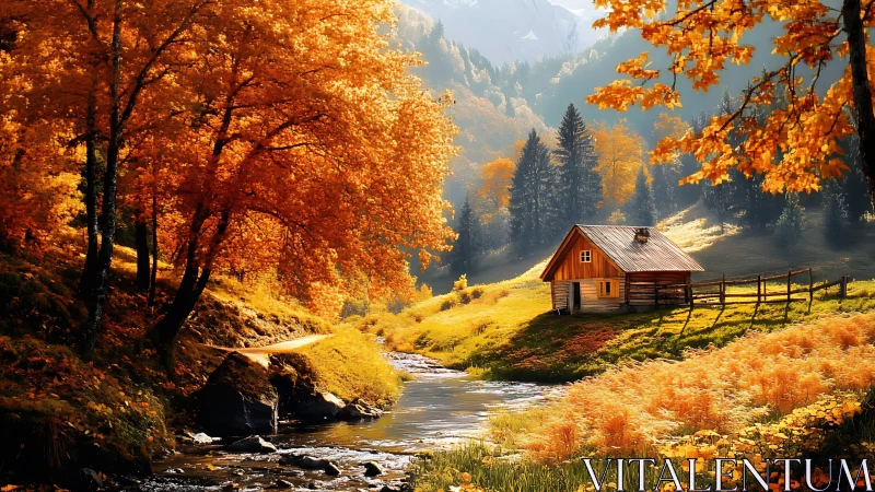 Wooden cabin by forest river in vivid autumn colors.