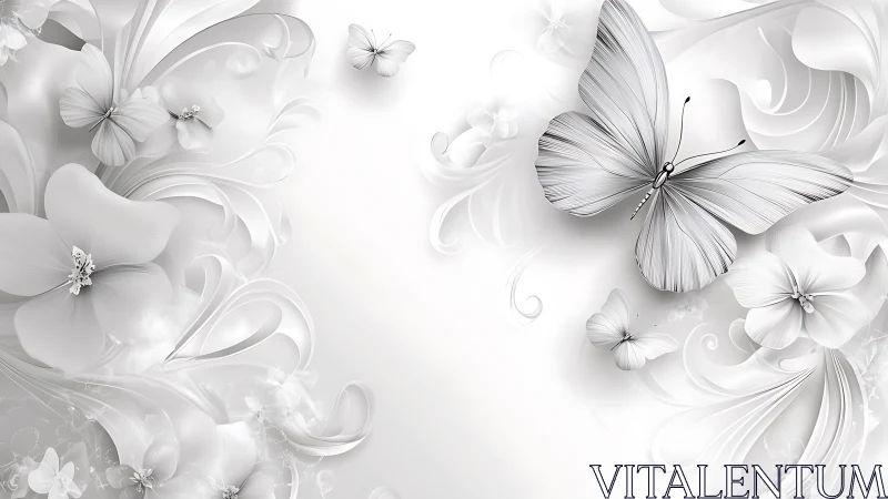 White butterflies and flowers on light abstract background.