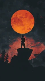 Silhouetted warrior on cliff before vast red moon.