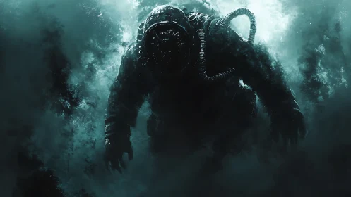 Deep-sea diver emerges through abyssal teal mist. Period.