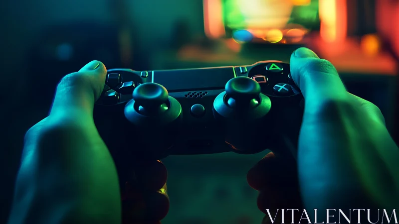 Gamer grips console controller in neon-lit immersive setup.