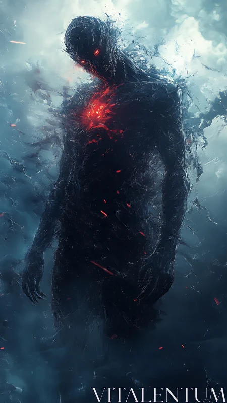 Shadow wraith with burning core emerges from stormed void.