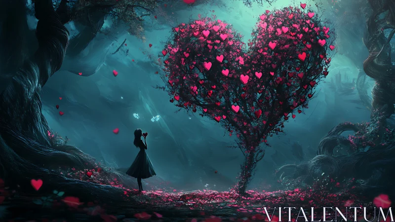 Silhouette Figure Before Oversized Heart Tree Fantasy.