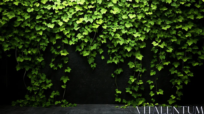 Lush green ivy cascading gently over a quiet dark wall.