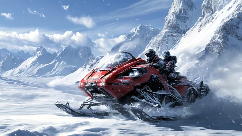 High-speed red snowmobile races through epic icy mountains