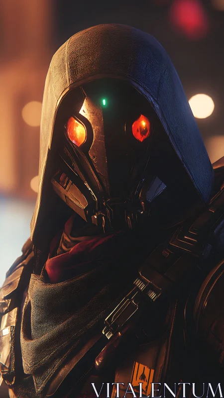 Hooded cybernetic hunter stares through burning neon dusk