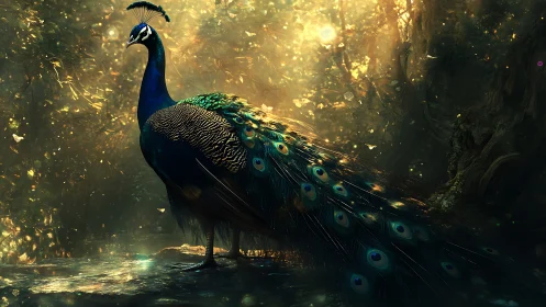 Peacock stands in dense forest with directional backlighting