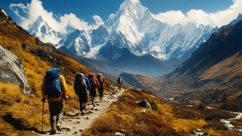 Alpine trekking group advances toward towering glacial massif