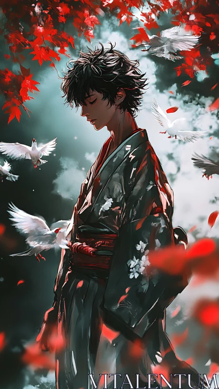 Softly standing samurai finds quiet grace among red leaves