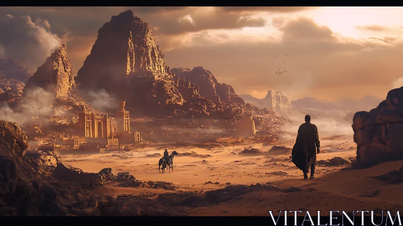 Desert traveler approaching ancient mountain city ruins.