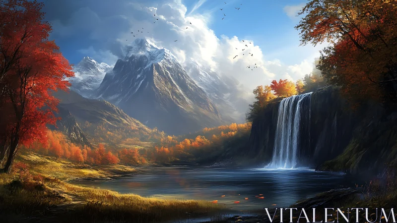 Autumn waterfall below towering snowcapped mountain peaks.