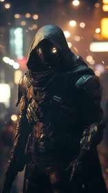 Cyberpunk hooded enforcer in neon-diffused urban bokeh frame.