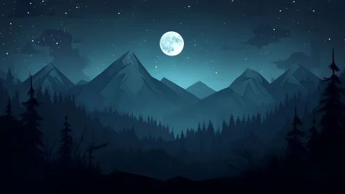 Moonlit pine guardians under midnight mountain hush.