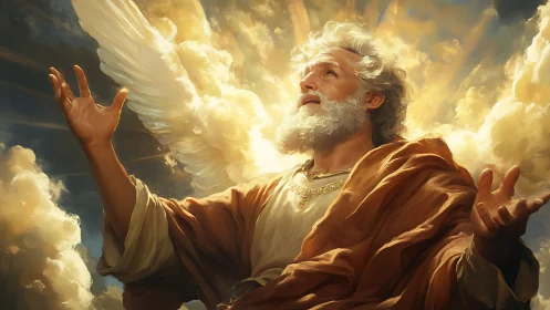 Skyborne elder in golden clouds greeting the burning dawn.