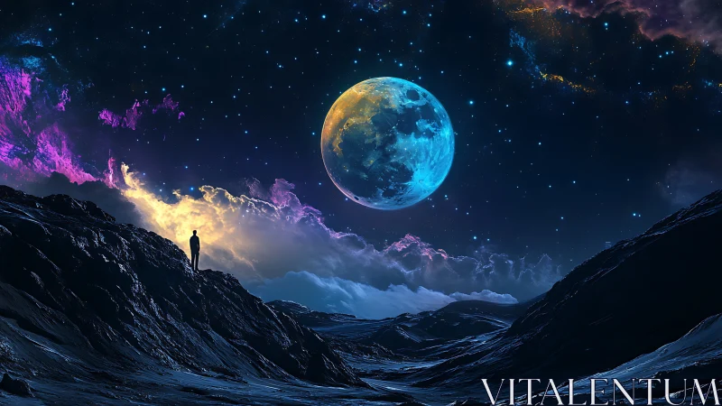 Solitary figure on alien terrain beneath luminous moon.