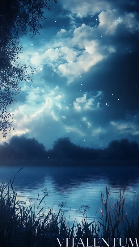 Moonlit lake shimmers beneath drifting clouds and quiet stars