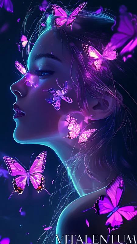 Profile portrait with luminous violet butterflies in motion.