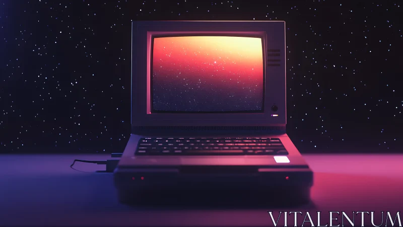 Retro computer terminal displays cosmic gradient on screen