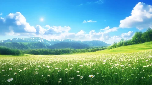 Sunlit wildflower meadow before distant green mountains.