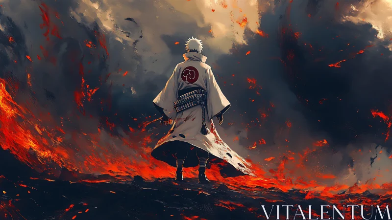 White haired warrior stands over burning volcanic ground.