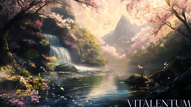 Digital fantasy valley with cherry blossoms and waterfall.