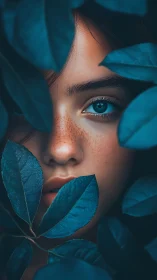 Girl’s blue eye emerges through deep teal foliage mysteriously.