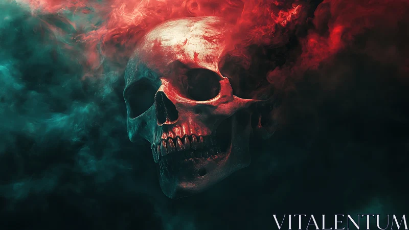 Luminous red and teal smoke envelops a hyperreal human skull