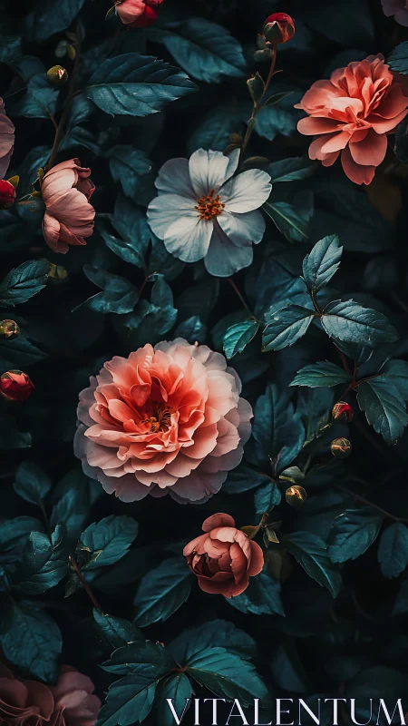 Coral Roses with Dark Foliage in Moody Botanical Composition