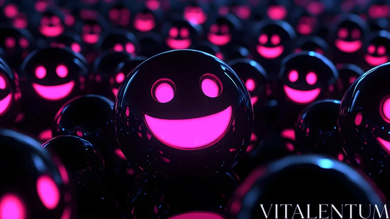 Neon Pink Smiley Faces on Glossy Black Spheres, Digital Art Scene.