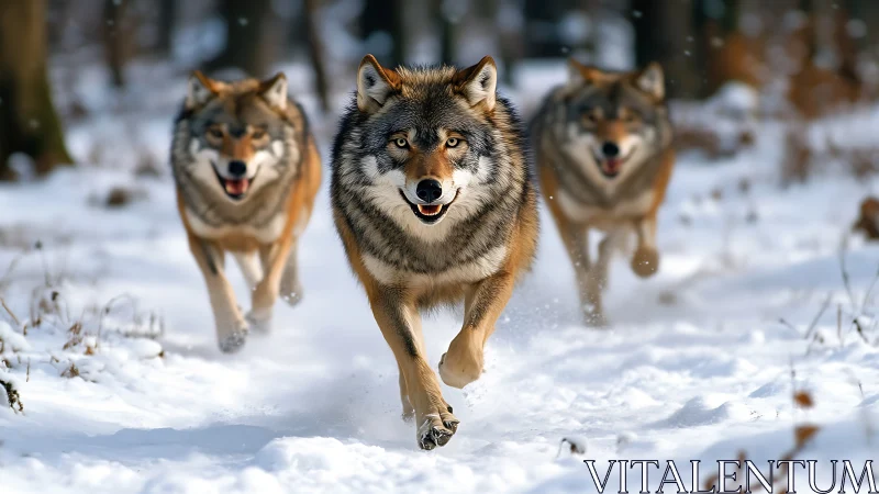 Wolves running through winter forest with bold, focused energy.