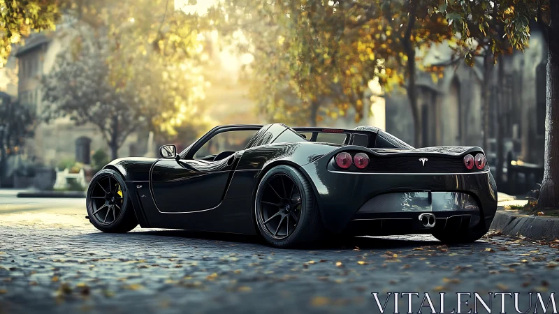 Electric roadster waits on sunlit cobblestone boulevard
