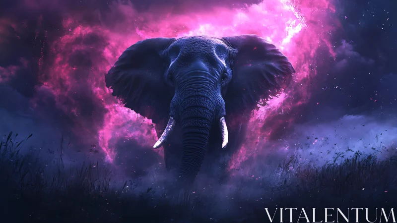 Cosmic elephant emerging through luminous nebula clouds.