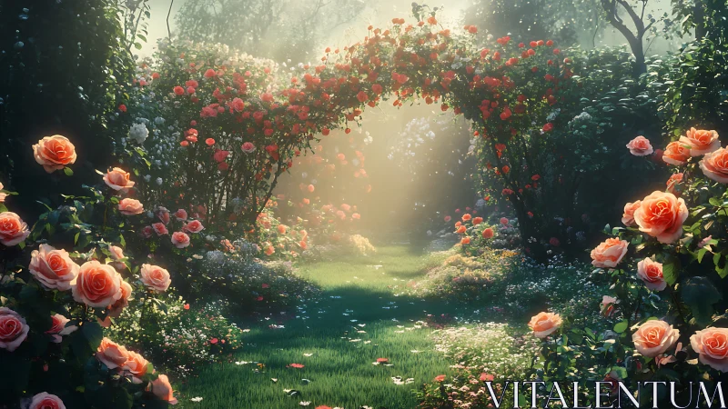 Rose garden archway with blooming flowers and misty sunlight