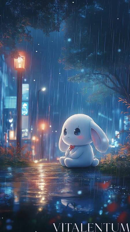 Soft bunny waits under rainy city lights in gentle wonder