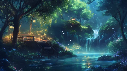Lantern-Lit Bridge Spans Enchanted Waterfall Sanctuary