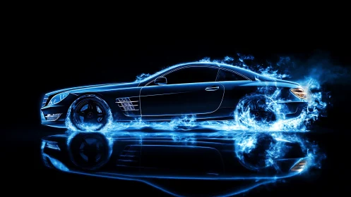 Electric blue sports car wrapped in futuristic flame light.