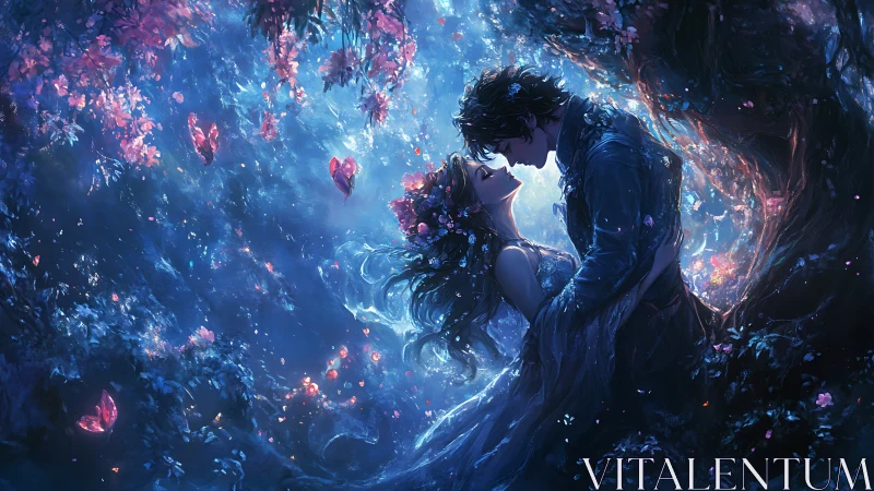 Ethereal Lovers Surrounded by Luminous Flowers in Mystical Cavern.