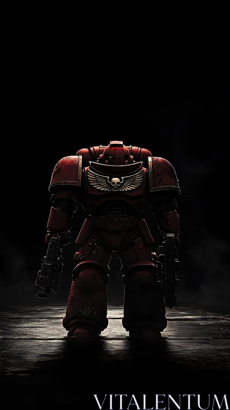 Heavily armored red power suit renders with dramatic rim lighting