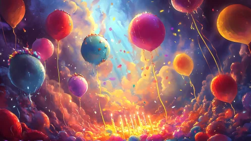 Celestial Balloons Ascend Through Luminous Cloud Realm