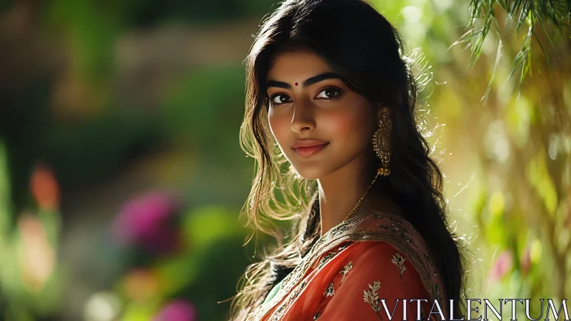 Elegant woman in traditional attire glows in soft garden light.