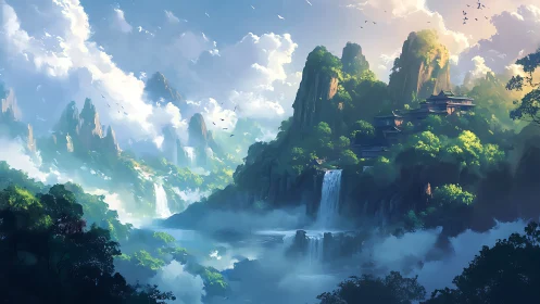 Misty mountain temples rise above cascading waterfalls in dawn light