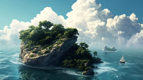 Rocky Island with Dense Vegetation Under Cumulus Clouds