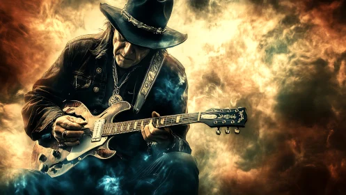 Electric guitarist in cowboy hat plays amid fiery smoke
