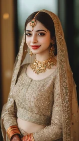 Woman in embellished bridal attire stands facing camera