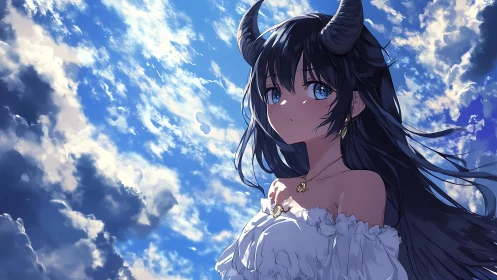 Skybound horned girl adrift in storm-bright daydreams.