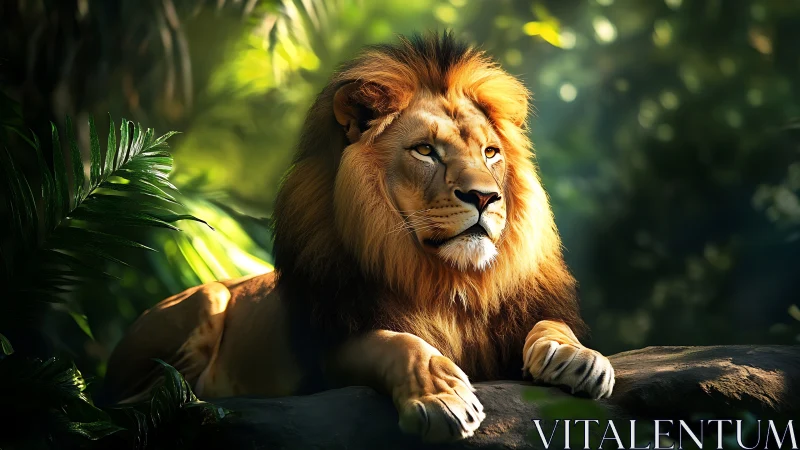 Photorealistic lion portrait in dappled jungle light.