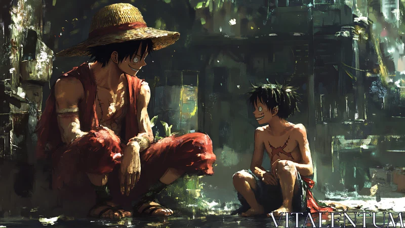 Straw-hatted adventurers share a quiet moment in rain-soaked alley.