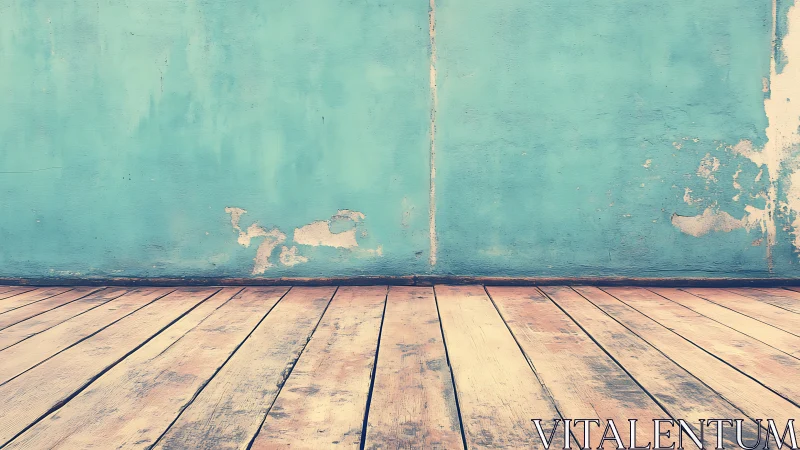 Wooden floor meets worn turquoise wall in empty interior